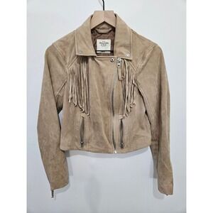 Abercrombie & Fitch Tan Faux Suede Fringe Moto Jacket 1U2458 Womens Large